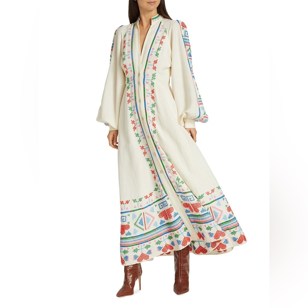 FARM Rio Embroidered White Maxi Dress with Multicolor Trim - Picture 5 of 16